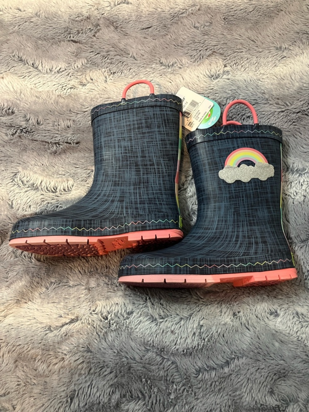 Western Chief Navy Kids Rain Boots with Pink Soles and Rainbow Patch
